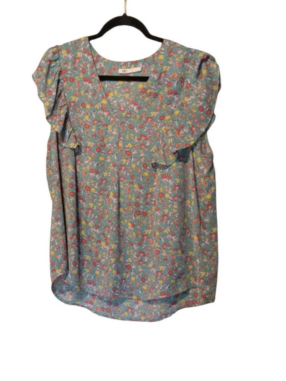 DR2 Teal Floral Ruffle Sleeve Blouse
